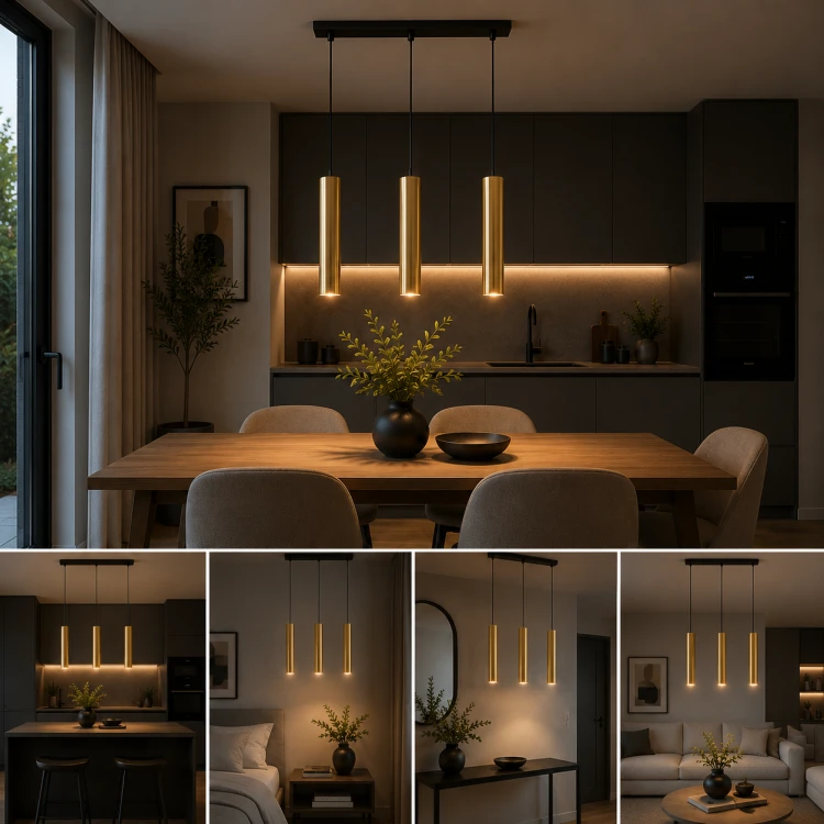 Lampa wisząca ze złotymi tubami wykonana ze stali to idealny wybór do eleganckich wnętrz. Trzy źródła światła GU10 zapewniają funkcjonalne oświetlenie, a minimalistyczny design podkreśla nowoczesny charakter pomieszczenia.