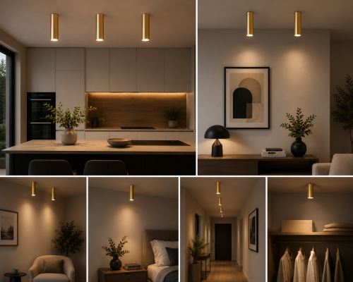 Nowoczesny plafon LAGOS w złotym połysku zachwyca minimalistycznym designem i eleganckim wyglądem. Cylindryczna tuba GU10 świetnie sprawdzi się jako oświetlenie salonu, sypialni, garderoby lub przedpokoju.