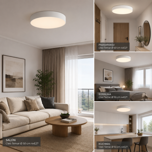 Nowoczesny plafon CLEO Temar 50 cm w kolorze białym to uniwersalne oświetlenie do każdego wnętrza. 4 źródła światła E27 zapewniają funkcjonalność i komfort użytkowania. Świetny do salonu, kuchni, korytarza i sypialni.