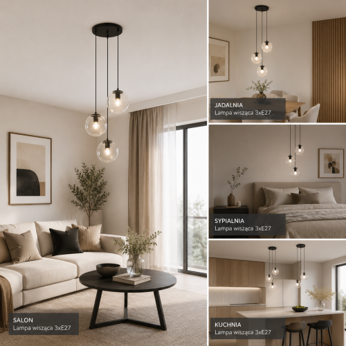 Lampa wisząca Sarpo Italux PND-58867-3S-BK z trzema szklanymi kloszami to eleganckie oświetlenie do salonu, jadalni i kuchni. Czarna konstrukcja oraz transparentne kule doskonale wpisują się w nowoczesne i loftowe wnętrza.