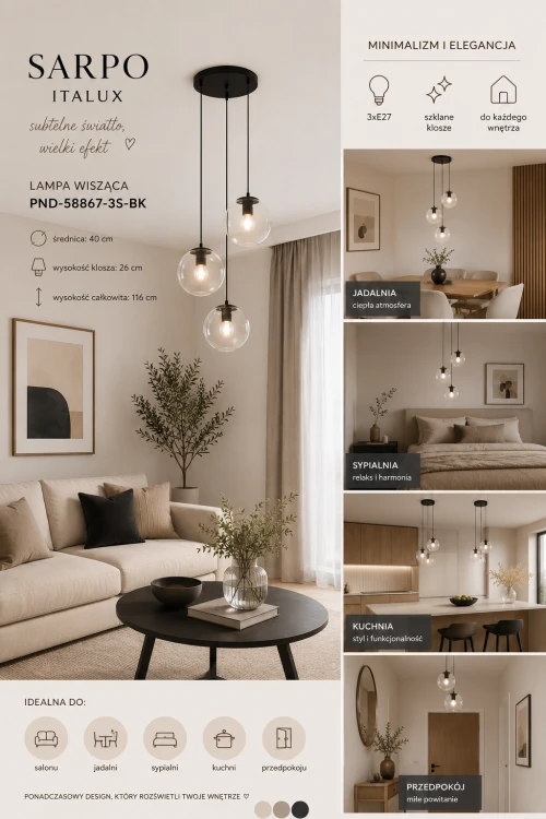 Designerska lampa wisząca Sarpo Italux Ø40 cm to połączenie szkła i czarnego wykończenia. Trzy punkty światła E27 zapewniają funkcjonalność i nowoczesny styl w salonie, kuchni oraz jadalni.