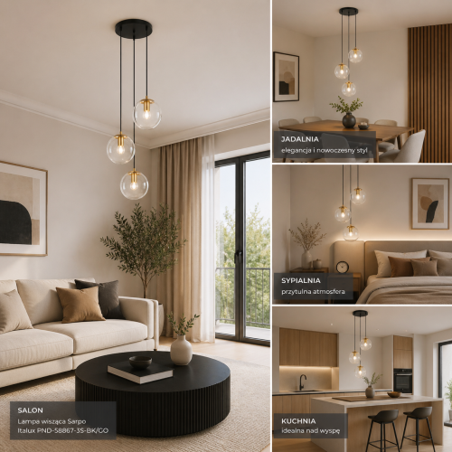 Lampa wisząca Sarpo Italux PND-58867-3S-BK/GO z transparentnymi kloszami i złotymi detalami to eleganckie oświetlenie do salonu, jadalni i kuchni. Nowoczesny design doskonale pasuje do wnętrz loftowych, glamour i modern.