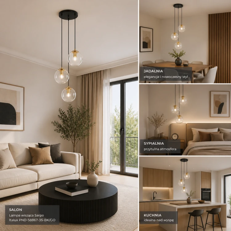 Lampa wisząca Sarpo Italux PND-58867-3S-BK/GO z transparentnymi kloszami i złotymi detalami to eleganckie oświetlenie do salonu, jadalni i kuchni. Nowoczesny design doskonale pasuje do wnętrz loftowych, glamour i modern.