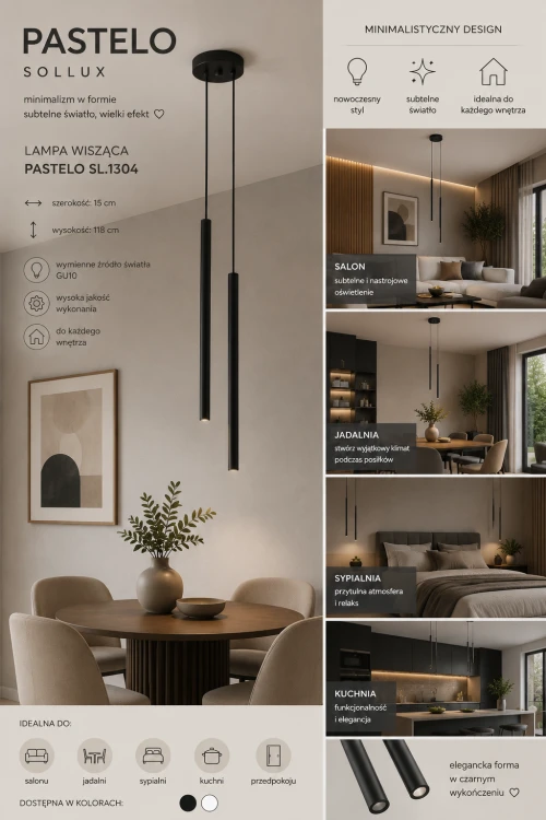 PASTELO 2xG9 czarna Sollux to designerska lampa wisząca wykonana ze stali. Minimalistyczna forma i subtelne światło sprawiają, że model świetnie sprawdzi się nad wyspą, barkiem lub stołem w jadalni.