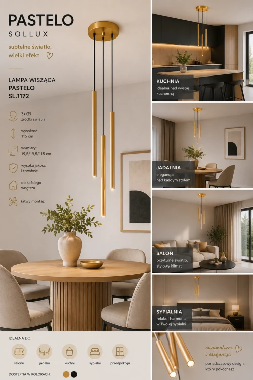 PASTELO Sollux SL.1172 to designerska lampa wisząca wykonana ze stali w eleganckim złotym kolorze. Trzy źródła światła G9 tworzą klimatyczne oświetlenie idealne nad stołem lub wyspą kuchenną.