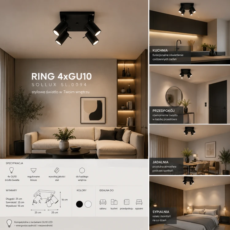 Lampa sufitowa RING Sollux SL.0094 z 4 ruchomymi kloszami GU10 to praktyczne i stylowe oświetlenie do domu. Minimalistyczna forma oraz czarne wykończenie świetnie pasują do salonu, kuchni i korytarza.