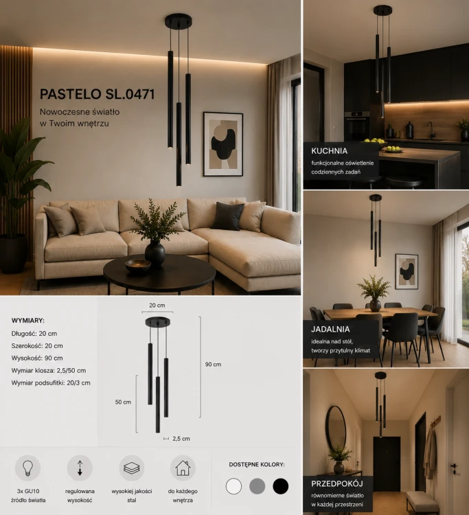 Nowoczesna lampa sufitowa PASTELO SL.0471 zachwyca minimalistyczną formą i eleganckim czarnym wykończeniem. Trzy tubowe klosze tworzą stylowe oświetlenie do salonu, kuchni, jadalni oraz nowoczesnych wnętrz.