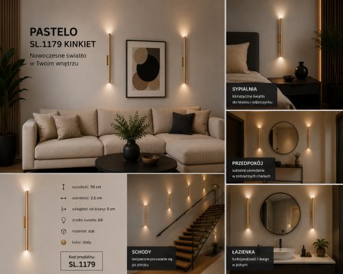 Nowoczesny kinkiet PASTELO 2xG9 w złotym kolorze zapewnia efektowne oświetlenie ściany i przyjemny klimat we wnętrzu. Smukła forma świetnie sprawdzi się w salonie, sypialni, korytarzu i łazience.