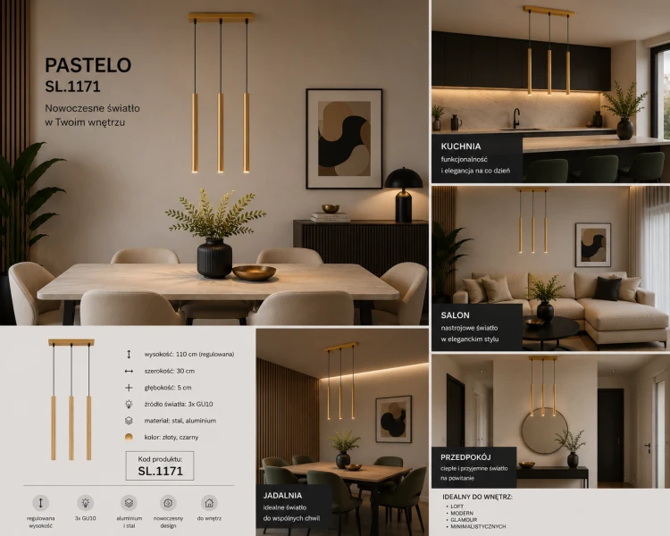 Nowoczesna lampa wisząca PASTELO SL.1171 3xG9 zachwyca minimalistyczną formą i eleganckim złotym wykończeniem. Smukłe tuby doskonale sprawdzą się nad stołem, w jadalni, salonie lub kuchni w stylu modern i glamour.
