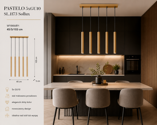 Nowoczesna lampa PASTELO SL.1173 5xG9 zachwyca elegancką złotą formą i minimalistycznym stylem. Pięć smukłych kloszy zapewnia efektowne oświetlenie nad stołem, wyspą kuchenną lub w nowoczesnej jadalni.