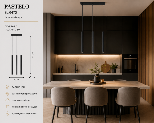 Nowoczesna lampa PASTELO SL.0470 3xG9 zachwyca minimalistyczną formą i eleganckim czarnym wykończeniem. Smukłe tubowe klosze tworzą designerską kompozycję idealną do salonu, kuchni, jadalni oraz wnętrz industrialnych.