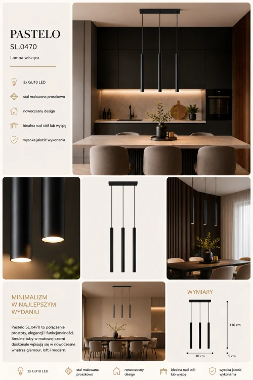 Czarna lampa wisząca PASTELO SL.0470 z trzema tubowymi kloszami to stylowe oświetlenie do nowoczesnych wnętrz. Możliwość zastosowania żarówek G9 LED pozwala dopasować światło do własnych potrzeb i aranżacji.