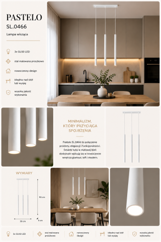 Lampa wisząca PASTELO SL.0466 w białym kolorze to nowoczesne oświetlenie z trzema smukłymi tubami G9 LED. Minimalistyczny design doskonale sprawdzi się nad stołem, wyspą kuchenną lub barkiem w aranżacjach modern i japandi.