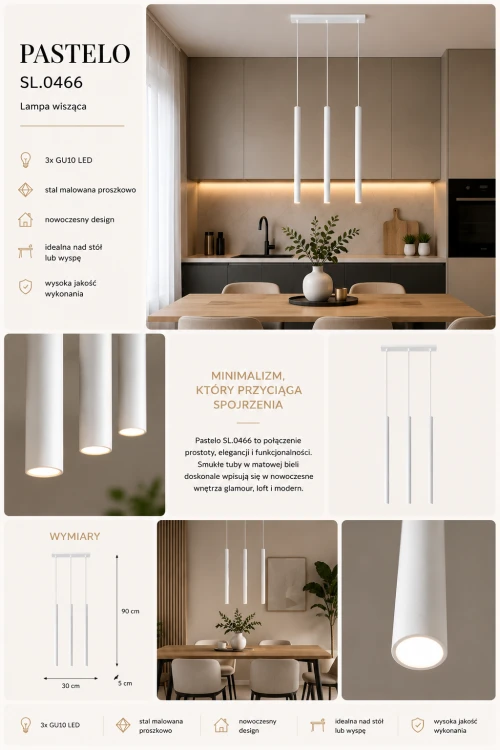 Lampa wisząca PASTELO SL.0466 w białym kolorze to nowoczesne oświetlenie z trzema smukłymi tubami G9 LED. Minimalistyczny design doskonale sprawdzi się nad stołem, wyspą kuchenną lub barkiem w aranżacjach modern i japandi.