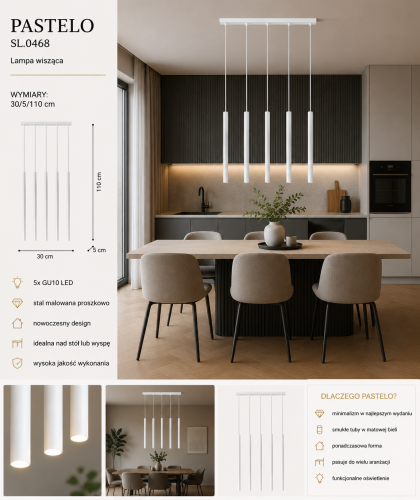 Nowoczesna lampa PASTELO SL.0468 5xG9 zachwyca minimalistyczną formą i eleganckim białym wykończeniem. Smukłe tubowe klosze tworzą designerską kompozycję idealną do salonu, kuchni, jadalni oraz wnętrz skandynawskich.