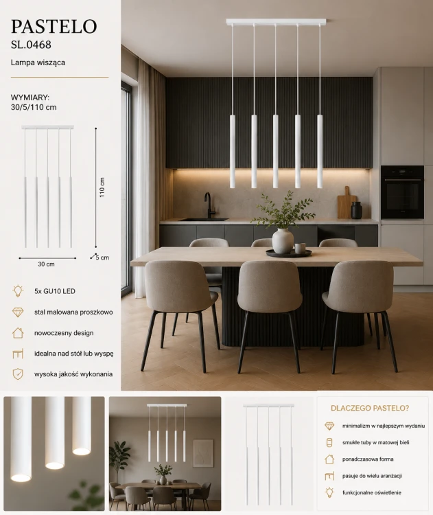 Nowoczesna lampa PASTELO SL.0468 5xG9 zachwyca minimalistyczną formą i eleganckim białym wykończeniem. Smukłe tubowe klosze tworzą designerską kompozycję idealną do salonu, kuchni, jadalni oraz wnętrz skandynawskich.