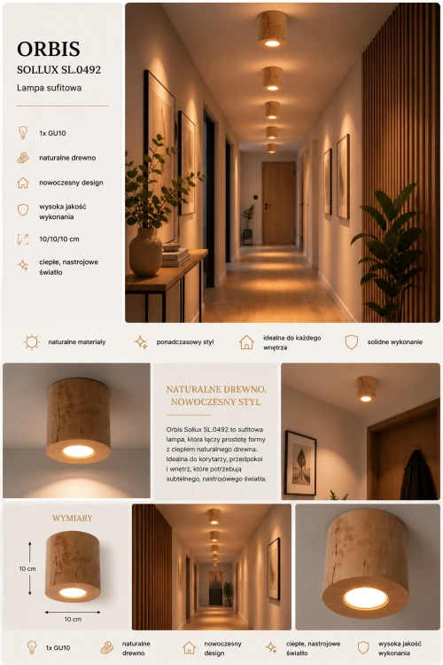 Drewniany plafon ORBIS Sollux SL.0492 zachwyca minimalistycznym designem i ciepłym światłem. Naturalne wykończenie oraz oprawa GU10 LED sprawiają, że lampa idealnie pasuje do nowoczesnych i przytulnych wnętrz.