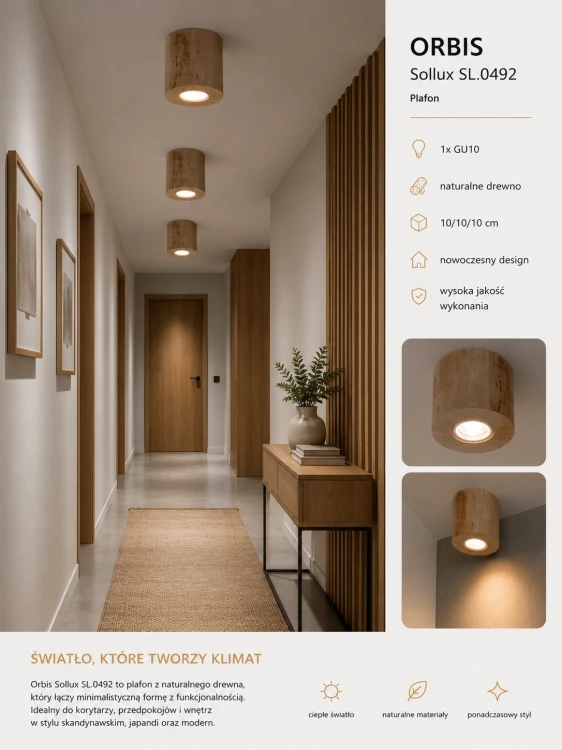 Nowoczesny plafon ORBIS SL.0492 z drewna doskonale wpisuje się w aranżacje japandi, loft i skandynawskie. Kompaktowy rozmiar oraz oprawa GU10 LED sprawiają, że lampa jest funkcjonalna i elegancka.