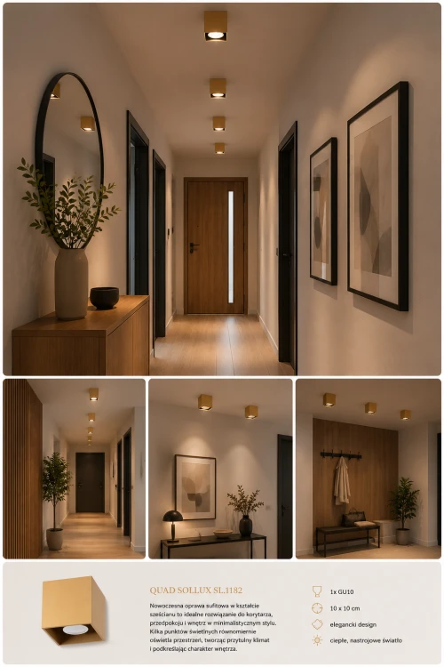Złota oprawa QUAD Sollux SL.1182 zachwyca eleganckim designem i minimalistyczną formą. Aluminiowa konstrukcja oraz oprawa GU10 LED sprawiają, że lampa idealnie pasuje do nowoczesnych i stylowych wnętrz.