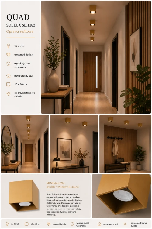 QUAD SL.1182 to stylowa oprawa sufitowa w modnym złotym kolorze. Geometryczna forma i kompaktowy rozmiar sprawiają, że lampa doskonale sprawdzi się w korytarzu, salonie lub sypialni.