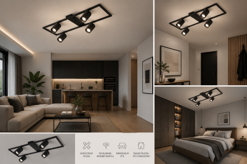 Lampa BUMO 4xGU10 wyróżnia się minimalistycznym designem oraz funkcjonalnymi reflektorami z regulacją kąta świecenia. Czarna oprawa z aluminium i stali doskonale pasuje do wnętrz loftowych, industrialnych i nowoczesnych.