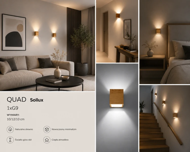 Kinkiet ścienny QUAD Sollux 1xG9 zachwyca minimalistyczną formą i naturalnym wykończeniem drewna. Idealny do salonu, sypialni, schodów lub holu. Światło emitowane w górę i dół tworzy efektowną dekorację ściany i przytulny klimat.