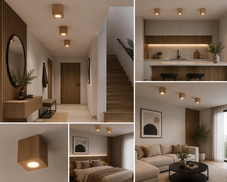 Plafon sufitowy QUAD Sollux GU10 to połączenie minimalistycznego designu i naturalnego drewna. Stylowa kostka doskonale pasuje do wnętrz loftowych, japandi i skandynawskich, tworząc przytulne oraz nowoczesne oświetlenie.