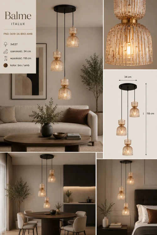 Balme Italux PND-3619-3A-BRO-AMB to elegancka lampa wisząca 3xE27 z bursztynowym szkłem. Doskonale podkreśli charakter nowoczesnych wnętrz, zapewniając przytulne światło nad stołem, wyspą kuchenną lub w salonie.