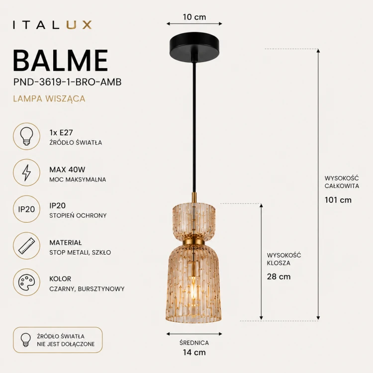 Dekoracyjna lampa wisząca Balme Italux łączy minimalistyczną formę z eleganckim bursztynowym szkłem. Idealna do salonu, jadalni, sypialni i kuchni, tworzy ciepłe oraz klimatyczne oświetlenie w nowoczesnym stylu.