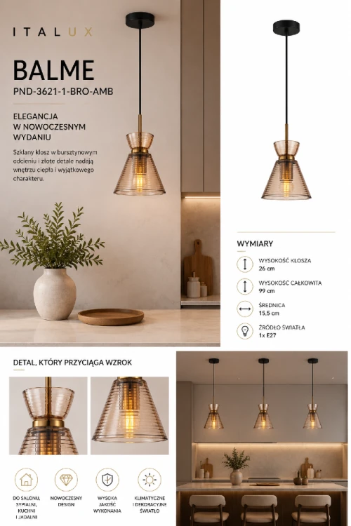 Stylowa lampa wisząca BALME Italux z bursztynowym kloszem to doskonały wybór nad blat kuchenny, stół lub do salonu. Minimalistyczna forma oraz dekoracyjne szkło tworzą nowoczesne i eleganckie oświetlenie wnętrza.