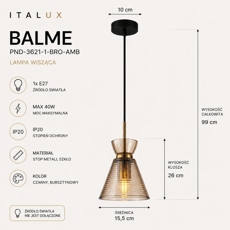 Dekoracyjna lampa wisząca BALME Italux zachwyca połączeniem czerni, bursztynowego szkła i złotych akcentów. Model 1xE27 doskonale sprawdzi się w nowoczesnych wnętrzach, tworząc ciepłe i klimatyczne światło.