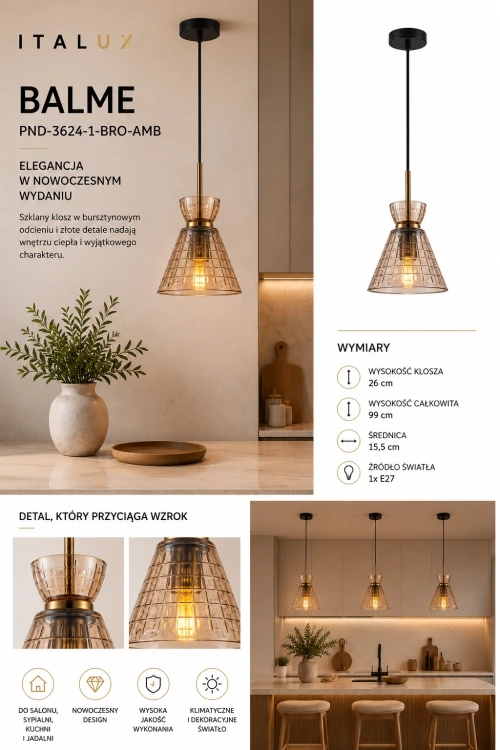BALME Italux PND-3624-1-BRO-AMB to elegancka lampa wisząca 1xE27 o dekoracyjnym wyglądzie. Bursztynowy klosz i złote detale tworzą wyjątkowy klimat we wnętrzach glamour, loft oraz modern classic.