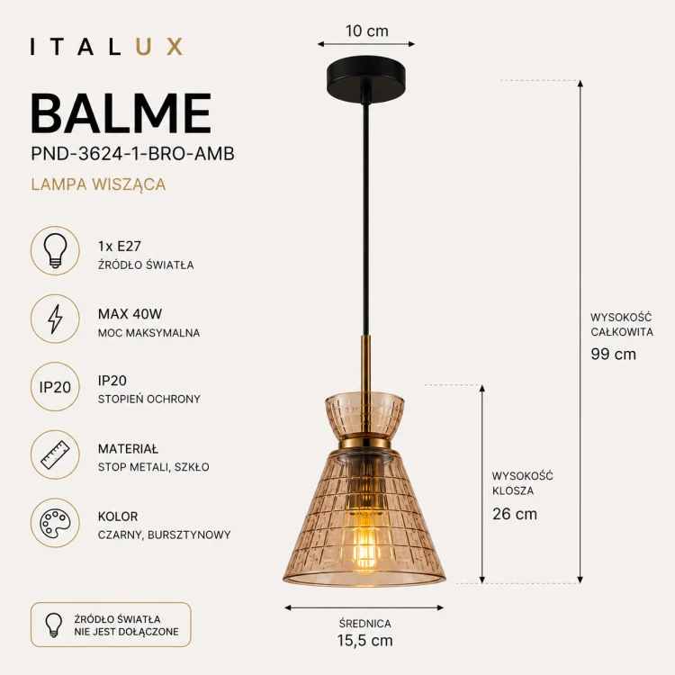 Stylowa lampa wisząca BALME Italux z bursztynowym kloszem doskonale sprawdzi się nad stołem, wyspą kuchenną lub w salonie. Połączenie szkła, czerni i złotych detali tworzy nowoczesne oraz dekoracyjne oświetlenie.