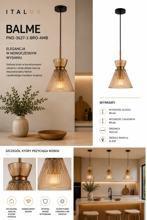 BALME Italux PND-3627-1-BRO-AMB to elegancka lampa wisząca 1xE27 o dekoracyjnym wyglądzie. Bursztynowy klosz oraz złote detale tworzą wyjątkowy klimat we wnętrzach glamour, loft oraz modern classic.