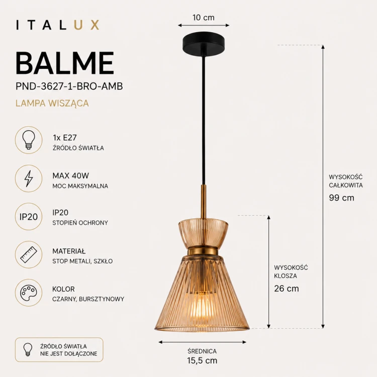 Stylowa lampa wisząca BALME Italux z bursztynowym kloszem doskonale sprawdzi się nad stołem, wyspą kuchenną lub w salonie. Połączenie szkła, czerni i złotych detali tworzy nowoczesne i dekoracyjne oświetlenie.