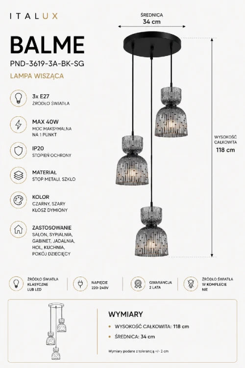 Stylowa lampa wisząca BALME Italux z dymionymi kloszami doskonale podkreśli charakter nowoczesnych wnętrz. Połączenie czerni i szkła tworzy designerskie oświetlenie idealne do salonu, jadalni oraz kuchni.