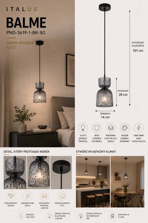 Stylowa lampa wisząca BALME Italux z dymionym kloszem doskonale sprawdzi się nad stołem, wyspą kuchenną lub w salonie. Połączenie szkła i czerni tworzy designerskie oraz nowoczesne oświetlenie wnętrza.