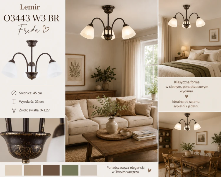 Lampa sufitowa Lemir Frida O3443 W3 BR to klasyczne oświetlenie z trzema kloszami i brązowym wykończeniem. Średnica 45 cm oraz gwinty E27 sprawiają, że model doskonale sprawdzi się w salonie, sypialni lub jadalni.