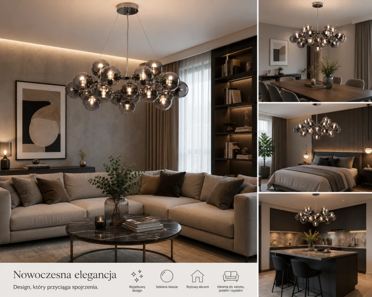Designerska lampa wisząca Italux Cabella 25xG9 to połączenie chromu i dymionego szkła. Model doskonale sprawdzi się w nowoczesnym salonie, sypialni lub jadalni, tworząc wyjątkowy klimat i dekoracyjny efekt świetlny.
