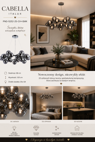 Nowoczesna lampa Cabella Italux z 25 szklanymi kloszami w kolorze dymionym to wyjątkowe oświetlenie do eleganckich wnętrz. Chromowane wykończenie oraz średnica 68 cm tworzą efektowną dekorację salonu lub jadalni.