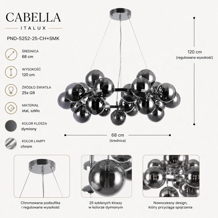 Lampa wisząca Cabella Italux z dymionymi kloszami to idealne rozwiązanie do nowoczesnych aranżacji. Efektowna forma, chromowane wykończenie i aż 25 źródeł światła przyciągają wzrok i podkreślają styl wnętrza.