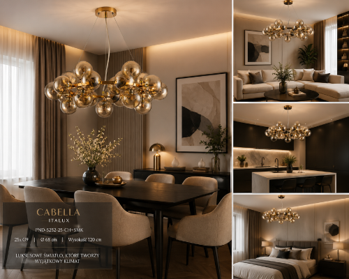 Designerska lampa Cabella Italux z koniakowymi szklanymi kulami to efektowne oświetlenie glamour do nowoczesnych wnętrz. Złote wykończenie i średnica 68 cm sprawiają, że model przyciąga uwagę i podkreśla styl aranżacji.