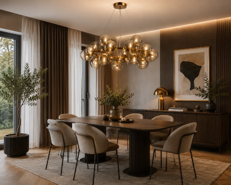 Cabella Italux 25xG9 w kolorze złotym i koniakowym to elegancka lampa wisząca do salonu, jadalni lub gabinetu. Szklane kule tworzą dekoracyjny efekt świetlny i wyjątkową atmosferę we wnętrzu.