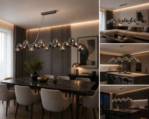 Designerska lampa Cabella Italux z dymionymi kloszami zachwyca nowoczesnym stylem glamour. Model o długości 125 cm doskonale oświetli salon, jadalnię lub kuchnię, tworząc wyjątkowy klimat wnętrza.