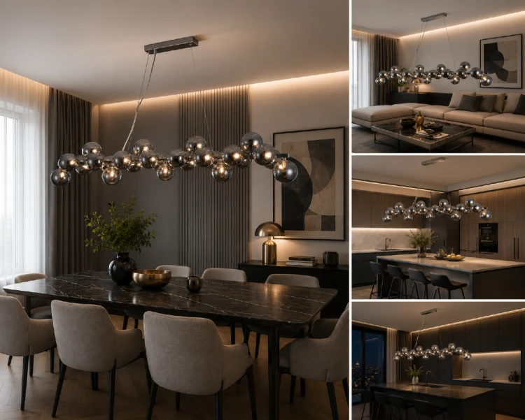 Designerska lampa Cabella Italux z dymionymi kloszami zachwyca nowoczesnym stylem glamour. Model o długości 125 cm doskonale oświetli salon, jadalnię lub kuchnię, tworząc wyjątkowy klimat wnętrza.