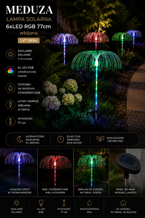 Dekoracyjna lampa solarna MEDUZA RGB zachwyca magicznym efektem świetlnym i nowoczesnym wyglądem. Dzięki zasilaniu solarnemu nie wymaga kabli ani podłączenia do prądu. Idealna do ogrodu i na taras.