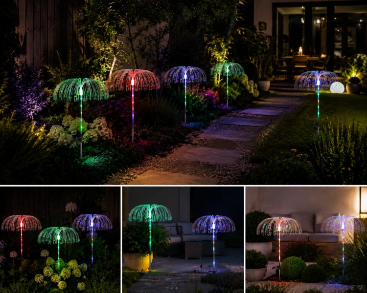 Lampa solarna MEDUZA 6xLED RGB IP44 to nowoczesna dekoracja ogrodu z efektem kolorowego światła 360°. Model wyposażony w czujnik zmierzchu automatycznie uruchamia się po zapadnięciu zmroku.