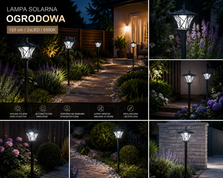 Nowoczesna lampa solarna LED 2xLED 6500K doskonale sprawdzi się w ogrodzie, przy ścieżkach i podjazdach. Wysokość 153 cm oraz klasyczna forma latarni tworzą elegancki efekt dekoracyjny po zmroku.