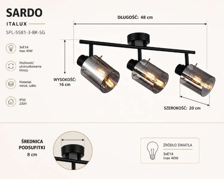 Czarna lampa sufitowa SARDO Italux z dymionymi kloszami tworzy klimatyczne i nowoczesne oświetlenie wnętrza. Trzy oprawki E14 oraz możliwość regulacji kierunku światła zapewniają funkcjonalność i elegancki wygląd w każdym pomieszczeniu.