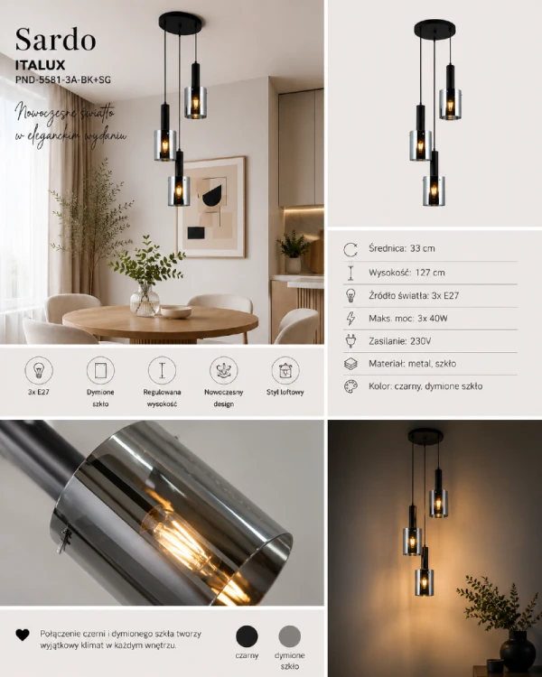 SARDO Italux to designerska lampa wisząca z trzema kloszami w kolorze dymionego szkła. Czarna metalowa konstrukcja oraz dekoracyjne źródła światła tworzą wyjątkowy efekt w salonie, kuchni lub nad stołem w jadalni.